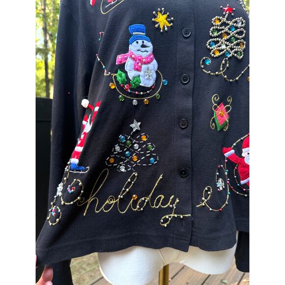 Jack B Quick Vintage Christmas Cardigan Santa Snowman Beaded Holiday Sweater L - Picture 7 of 8